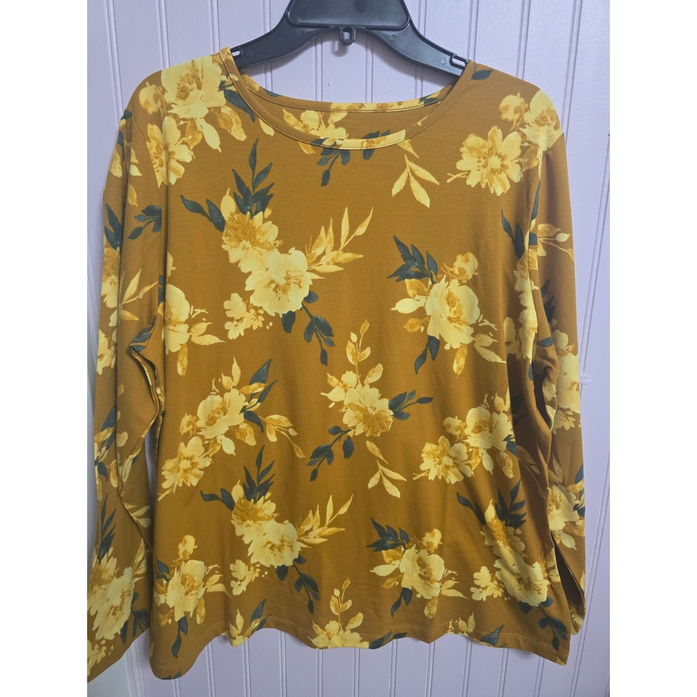 Denim & Co Womens XL Floral Long Sleeve Top Mustard Yellow Crew Neck Jersey Knit